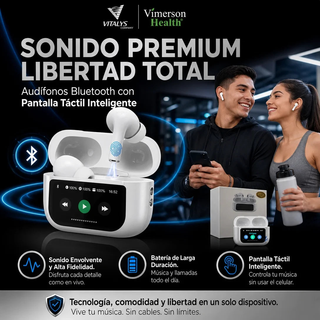 AUDIFONOS INALAMBRICOS CON PANTALLA TACTIL Y CANCELACION DE RUIDO. ANDROID Y IOS