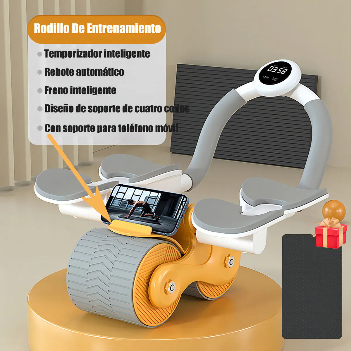 RUEDA ABDOMINAL CON REBOTE AUTOMÁTICO. 4 REPOSA CODOS + TEMPORIZADOR GRATIS
