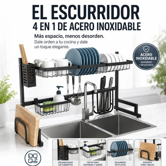 ESCURRIDOR 4 EN 1. ACERO INOXIDABLE. MÁS ESPACIO, MENOS DESORDEN