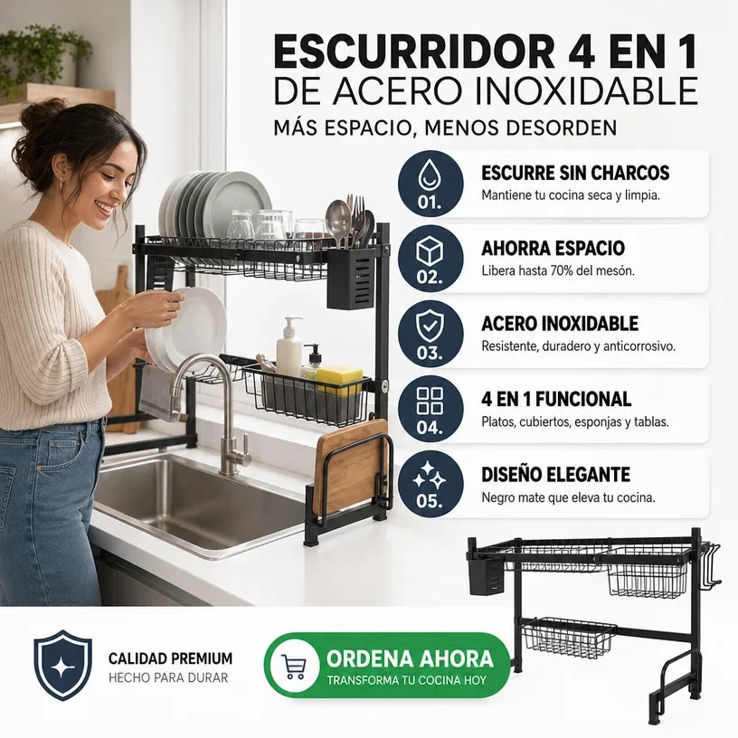 ESCURRIDOR 4 EN 1. ACERO INOXIDABLE. MÁS ESPACIO, MENOS DESORDEN
