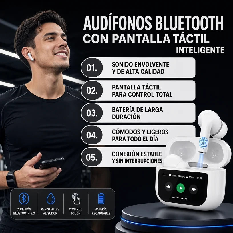 AUDIFONOS INALAMBRICOS CON PANTALLA TACTIL Y CANCELACION DE RUIDO. ANDROID Y IOS