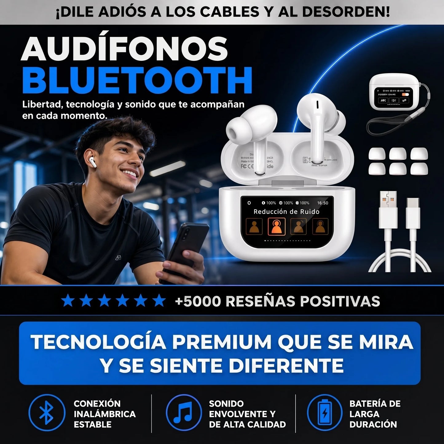 AUDIFONOS INALAMBRICOS CON PANTALLA TACTIL Y CANCELACION DE RUIDO. ANDROID Y IOS