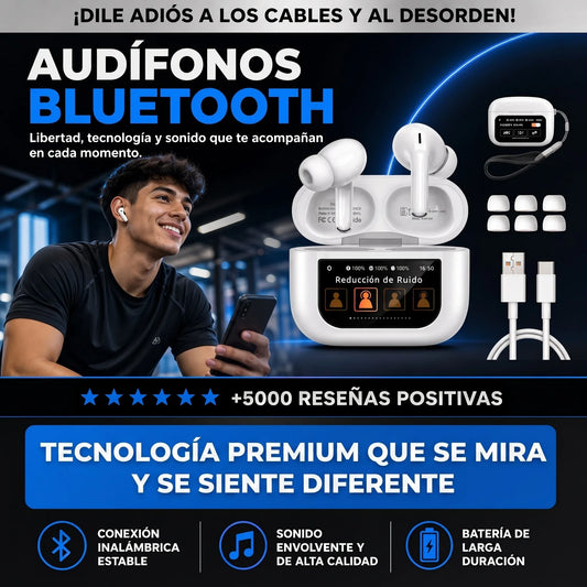 AUDIFONOS INALAMBRICOS CON PANTALLA TACTIL Y CANCELACION DE RUIDO. ANDROID Y IOS